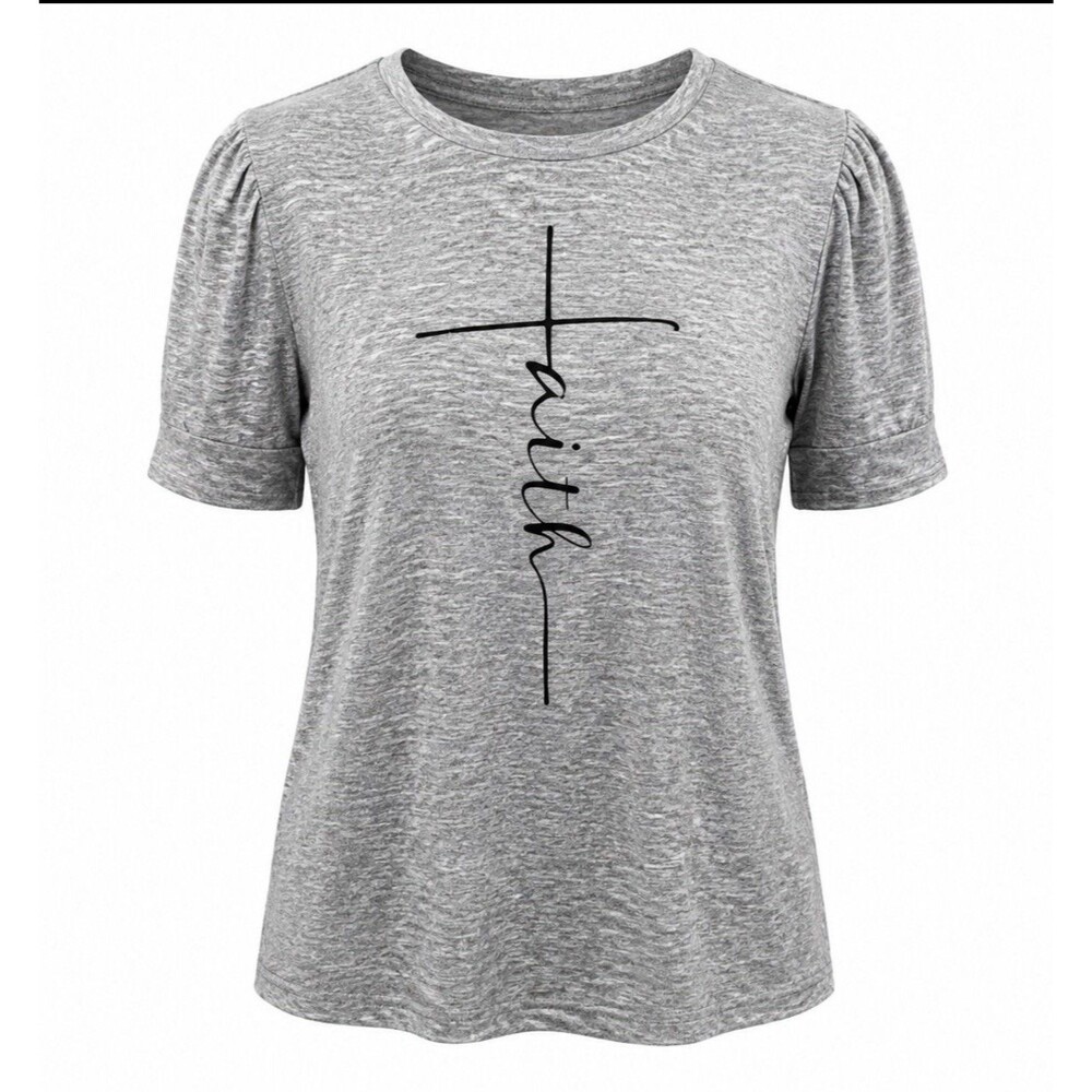 Joei & I Faith Cross Graphic Tee Gray Heather Puff Sleeve Top Womens S